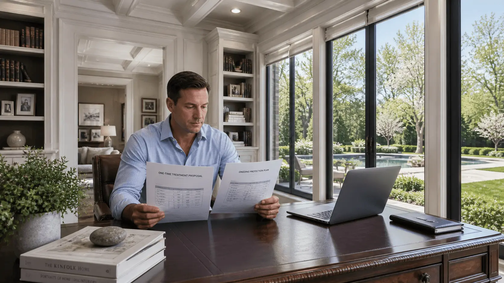 Homeowner reviewing one-time treatment and ongoing pest control service plans at a desk while comparing long-term pest prevention options for a residential property